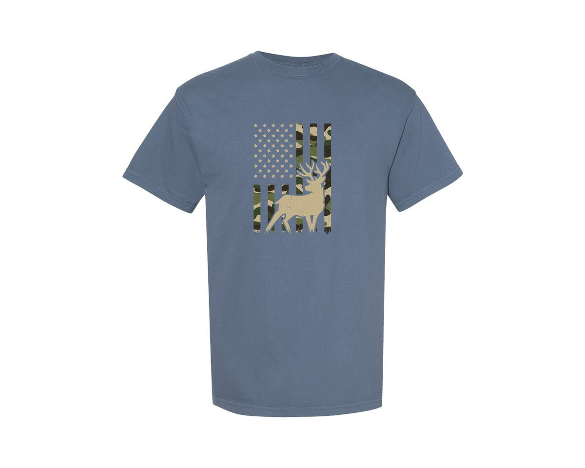 brand:Comfort Colors|color:Blue Jean|Camo American Flag Deer Elk Buck Hunting Graphic T-Shirt