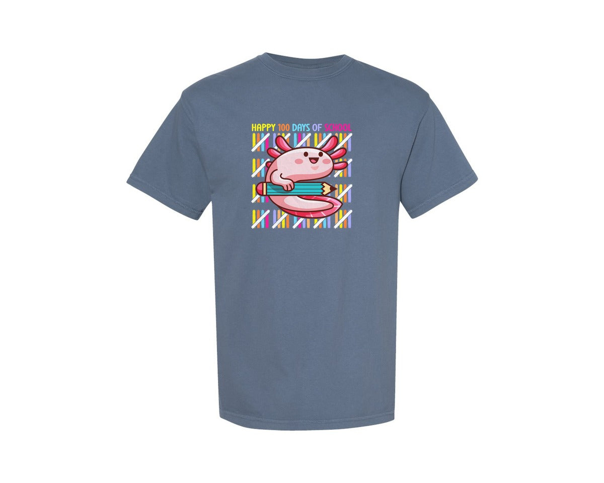 brand:Comfort Colors|color:Blue Jean|Cute Kawaii Axolotl 100 Days Of School Graphic T-Shirt