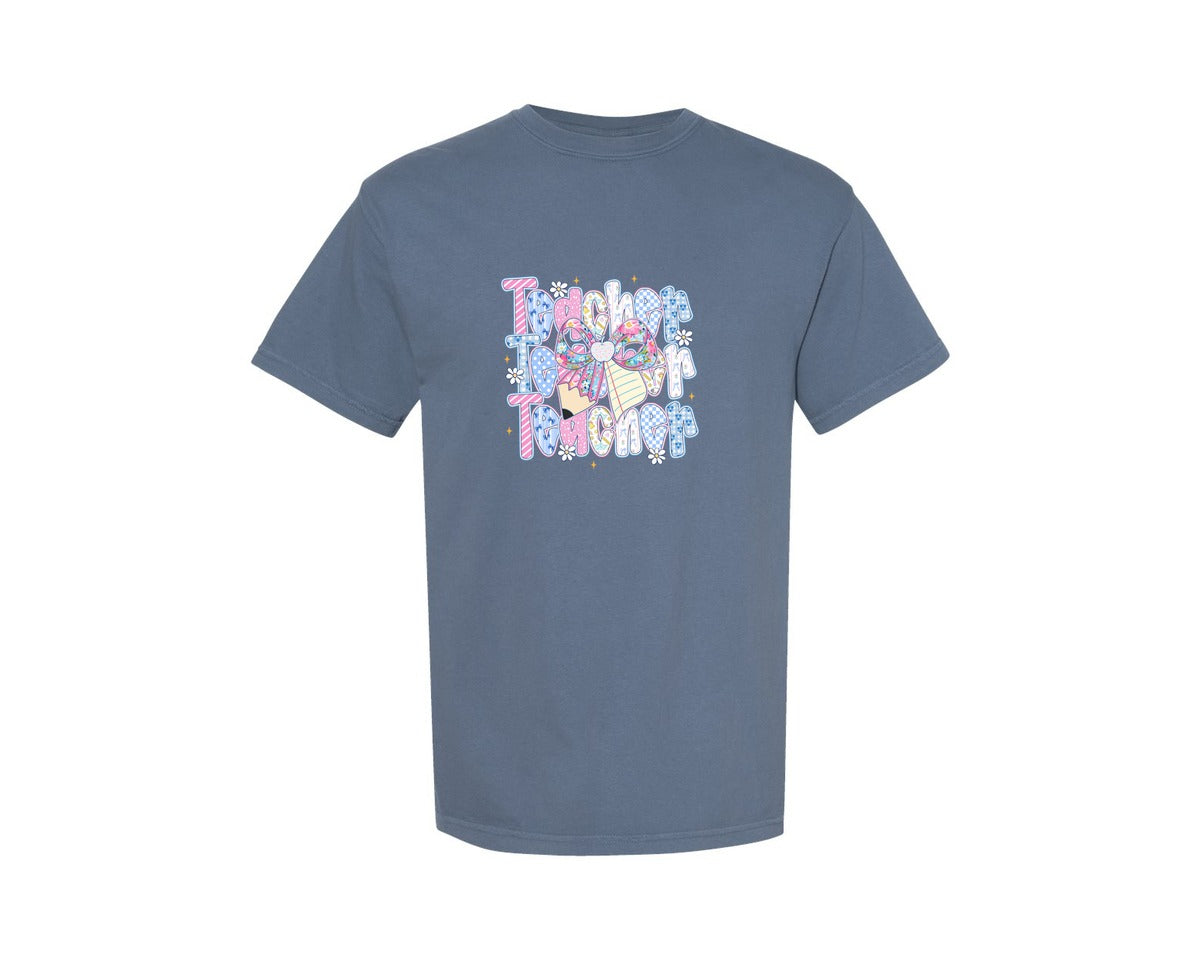 brand:Comfort Colors|color:Blue Jean|Preppy Teacher Coquette Teacher 2 Graphic T-Shirt