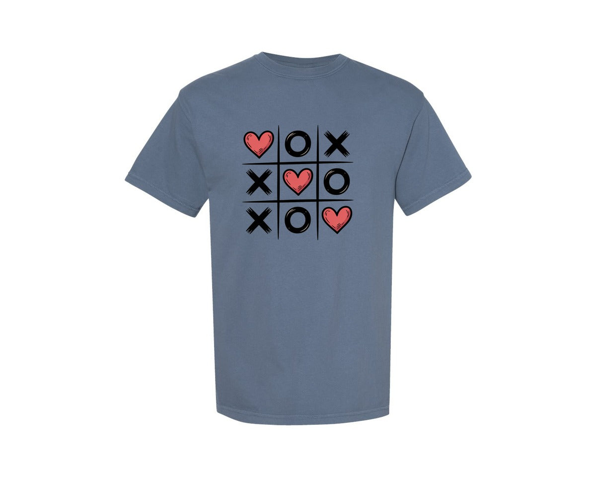 brand:Comfort Colors|color:Blue Jean|Valentine Tic Tac Toe Heart Game Graphic T-Shirt