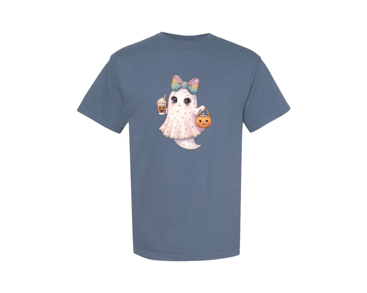 brand:Comfort Colors|color:Blue Jean|Rhinestones Coquette Ghost Halloween Graphic T-Shirt