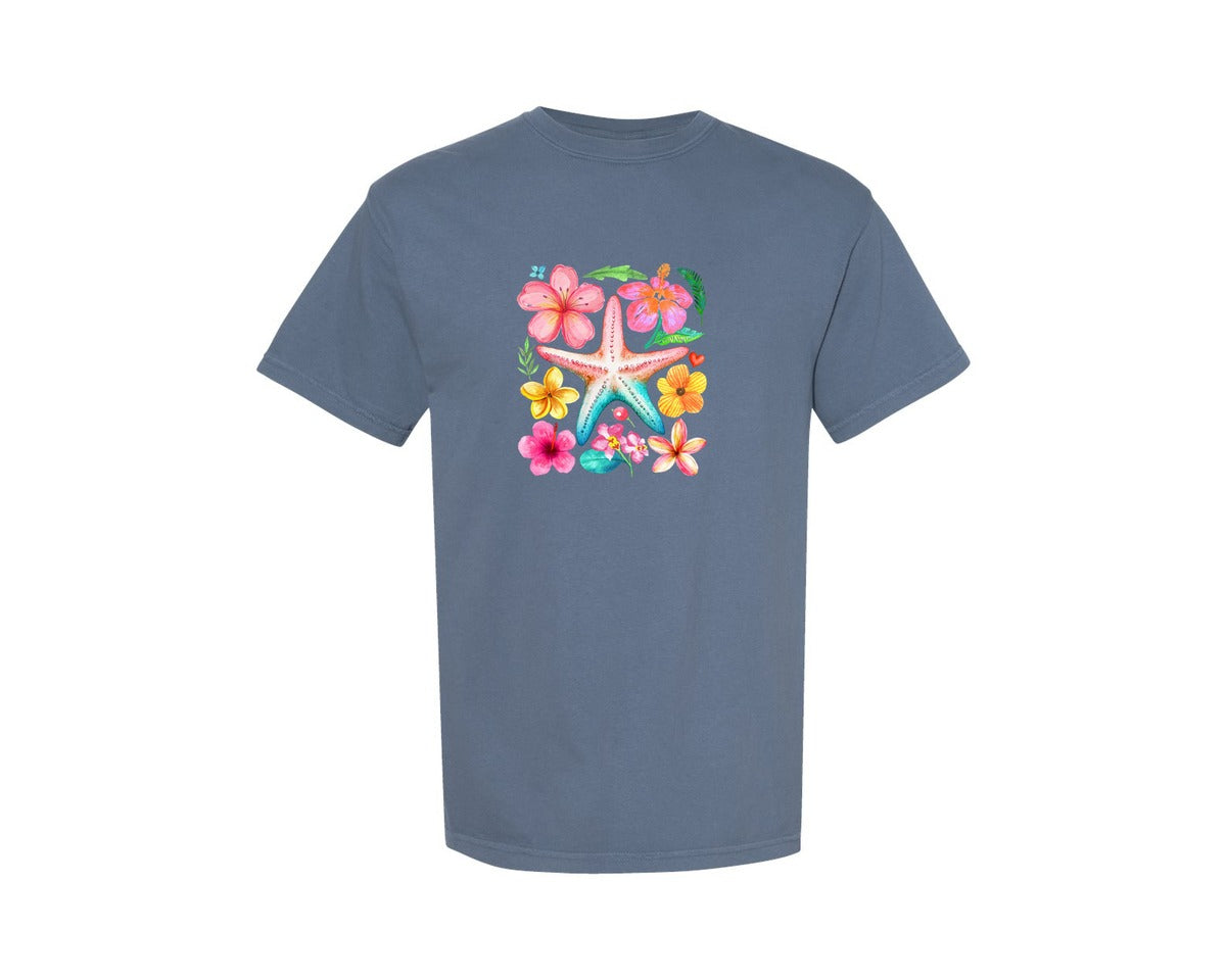 brand:Comfort Colors|color:Blue Jean|Floral Summer Starfish Boho Beach Graphic T-Shirt