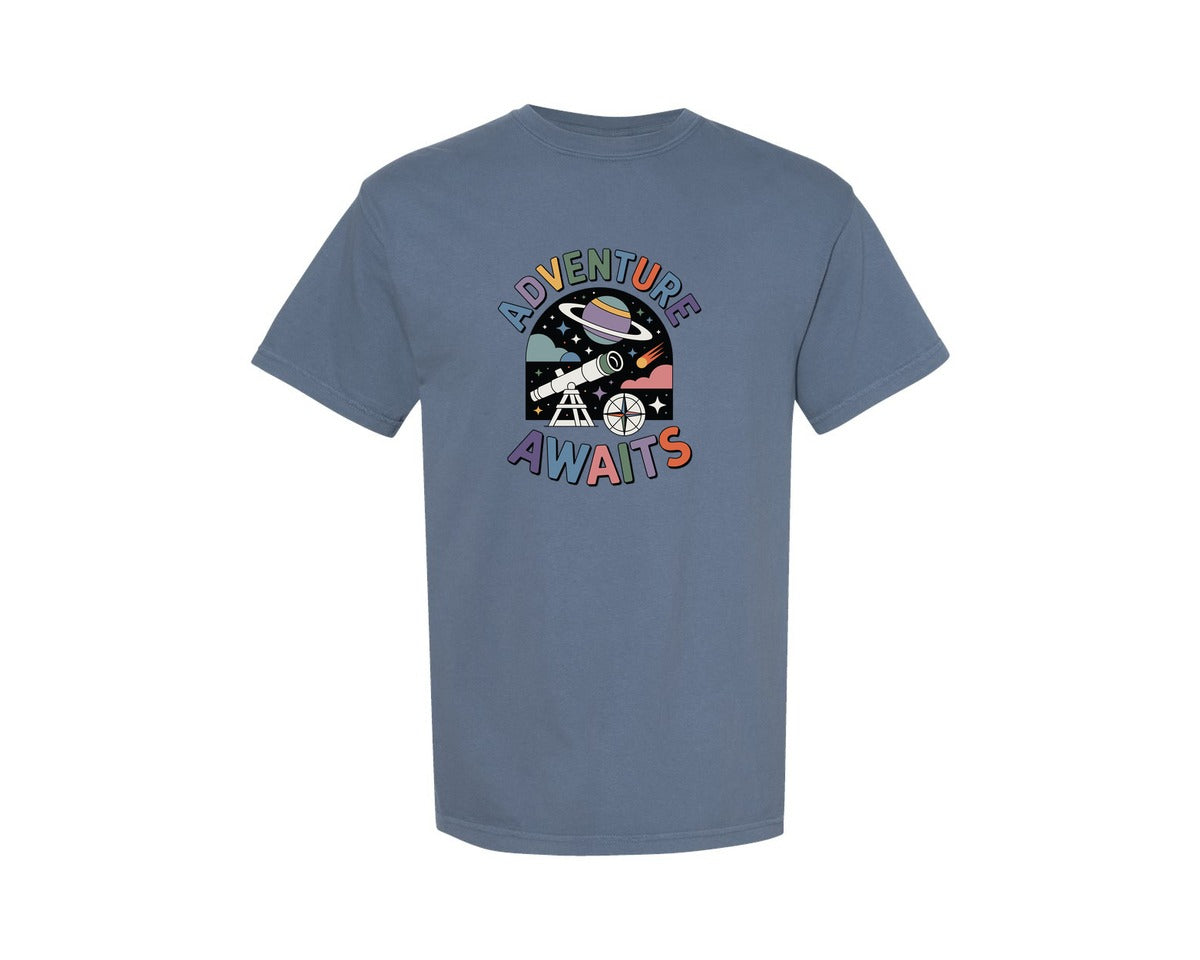 brand:Comfort Colors|color:Blue Jean|Adventure Awaits Space Telescope Art Graphic T-Shirt
