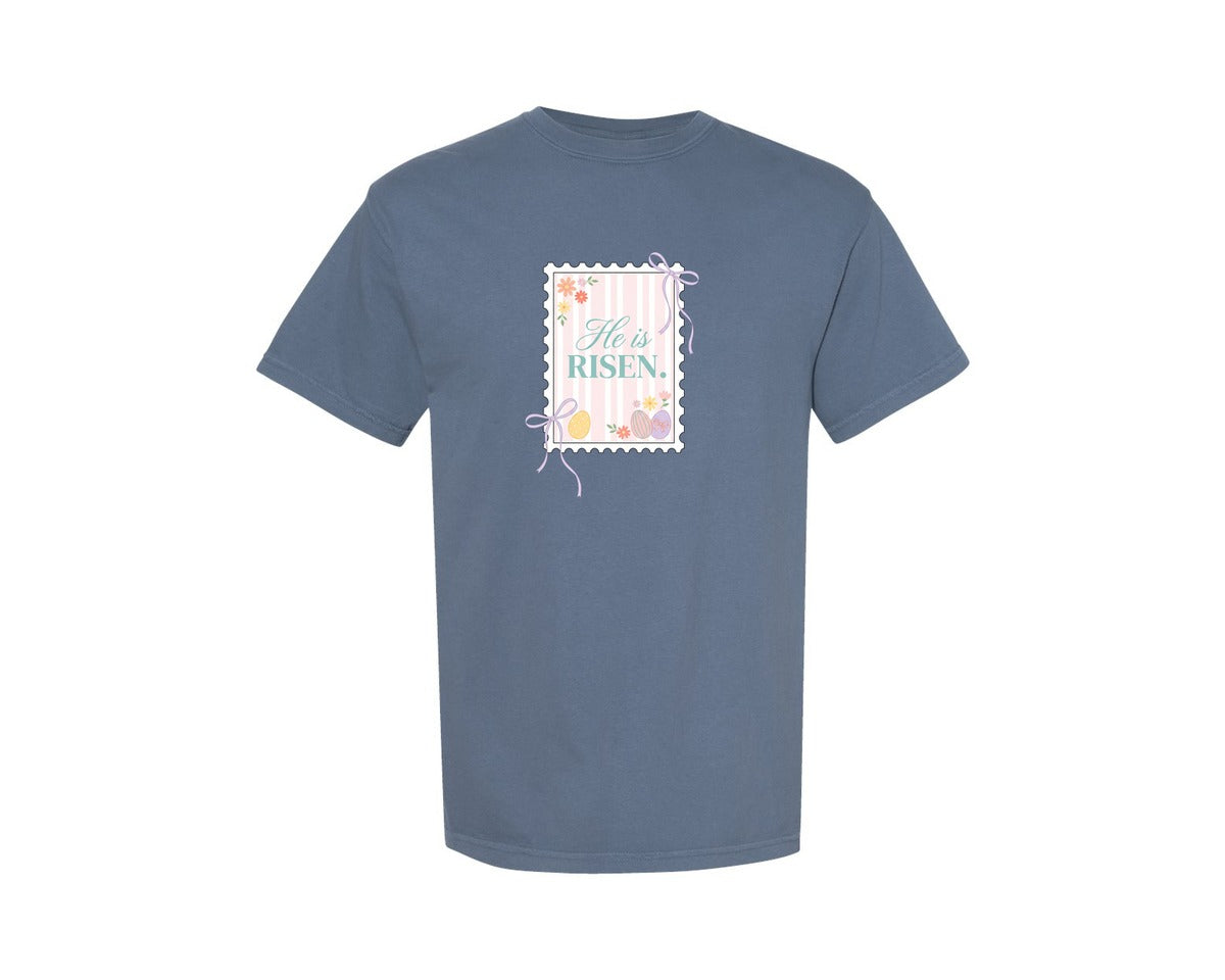 brand:Comfort Colors|color:Blue Jean|He Is Risen Christian Easter Faith Graphic T-Shirt