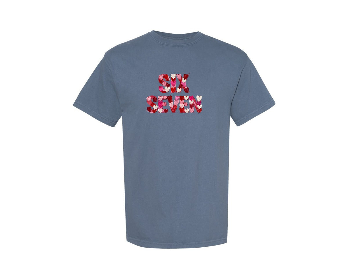 brand:Comfort Colors|color:Blue Jean|Valentine Six Seven Heart Letter Design Graphic T-Shirt