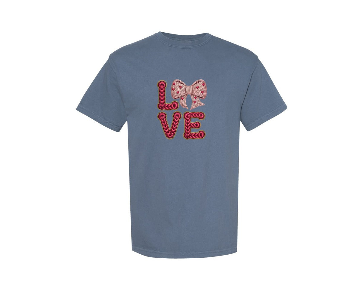 brand:Comfort Colors|color:Blue Jean|Valentines Day Love Bow Faux Yarn Graphic T-Shirt