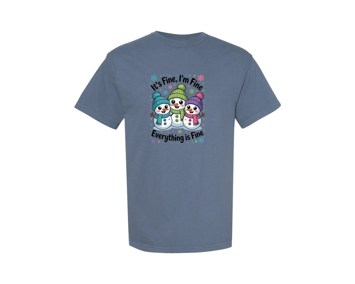 brand:Comfort Colors|color:Blue Jean|Christmas Snowman Pngits Fine Im Fine Graphic T-Shirt