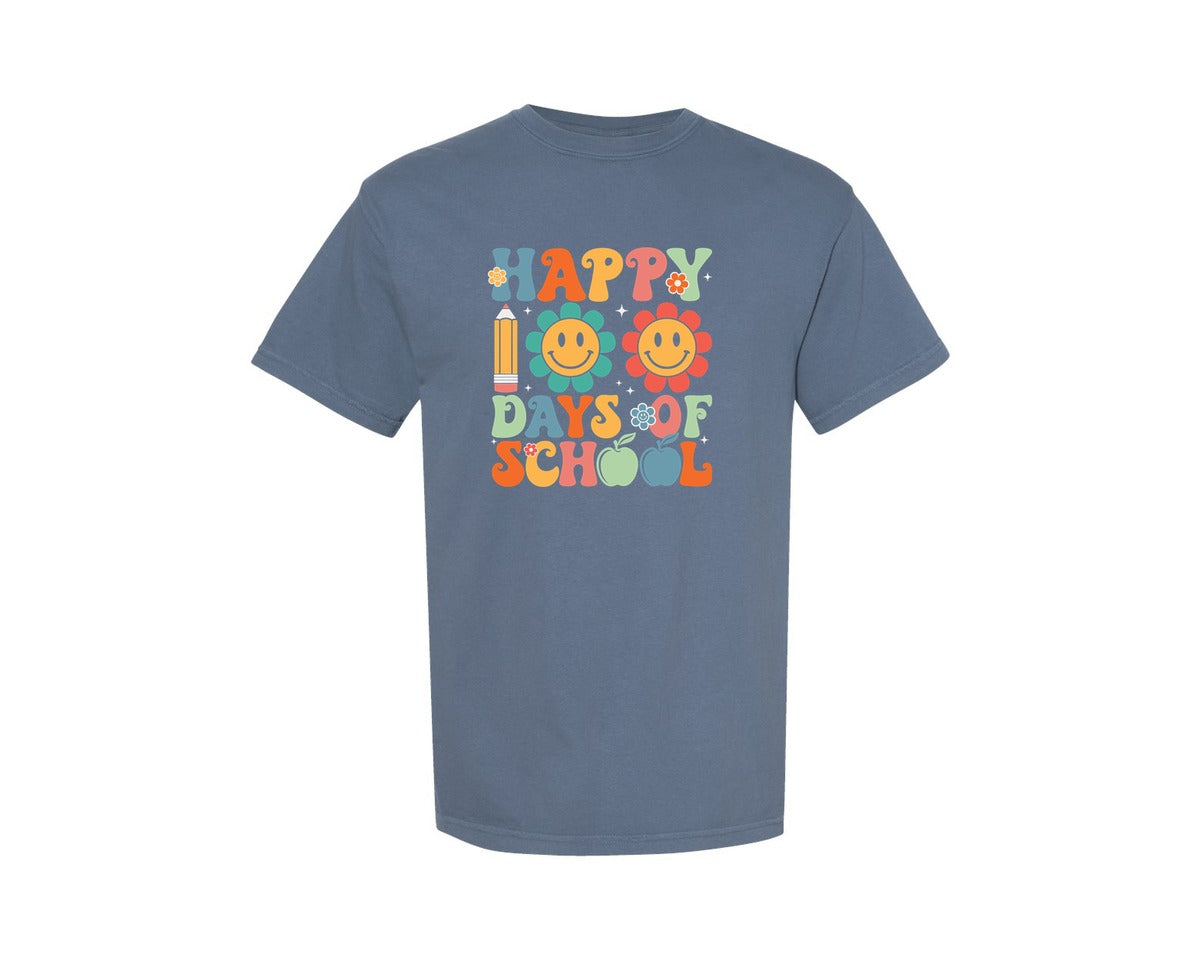 brand:Comfort Colors|color:Blue Jean|Retro Happy 100 Days Of School Smiley Graphic T-Shirt