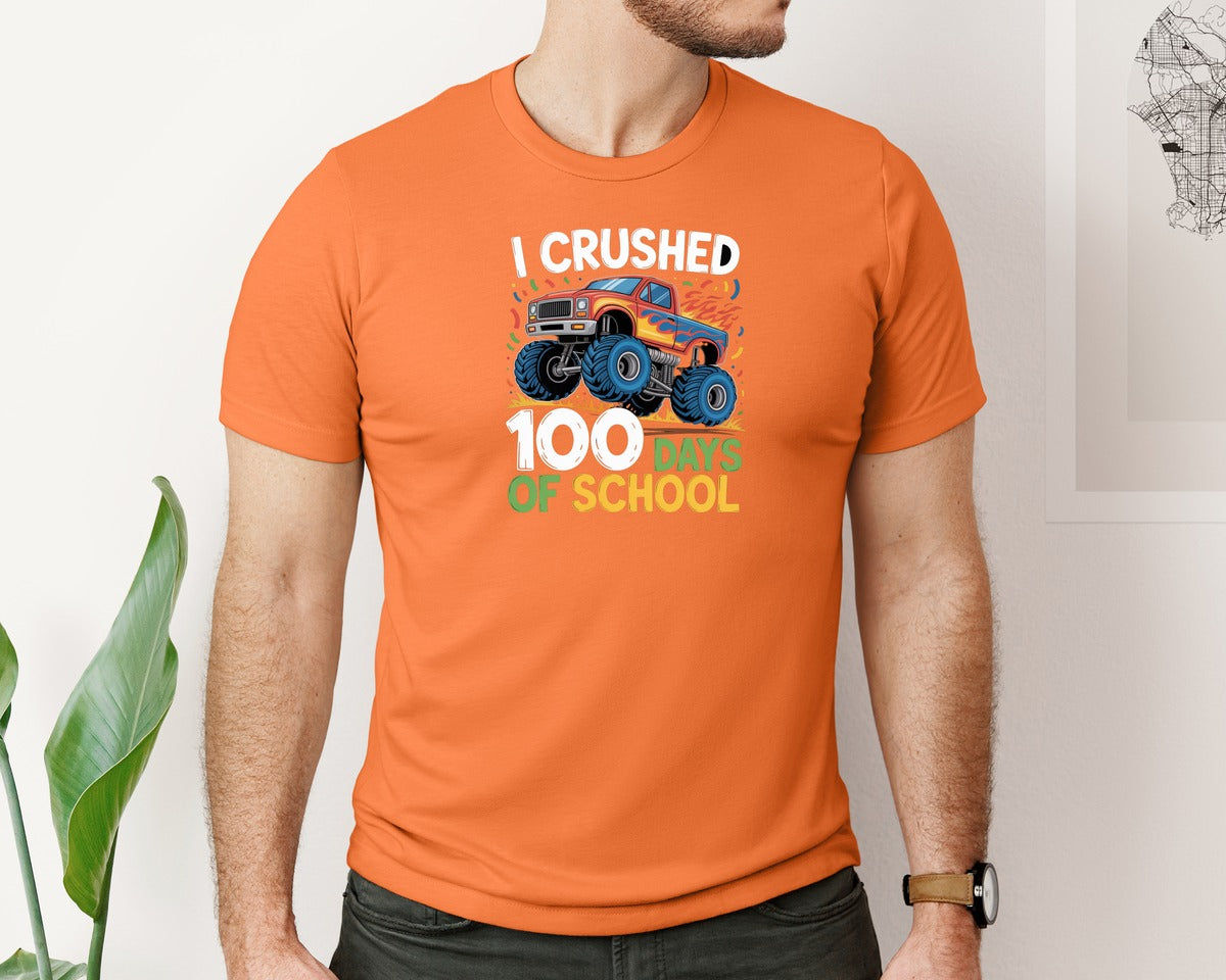 brand:Bella Canvas|color:Burnt Orange|I Crushed 100 Days Of School Truck Graphic T-Shirt