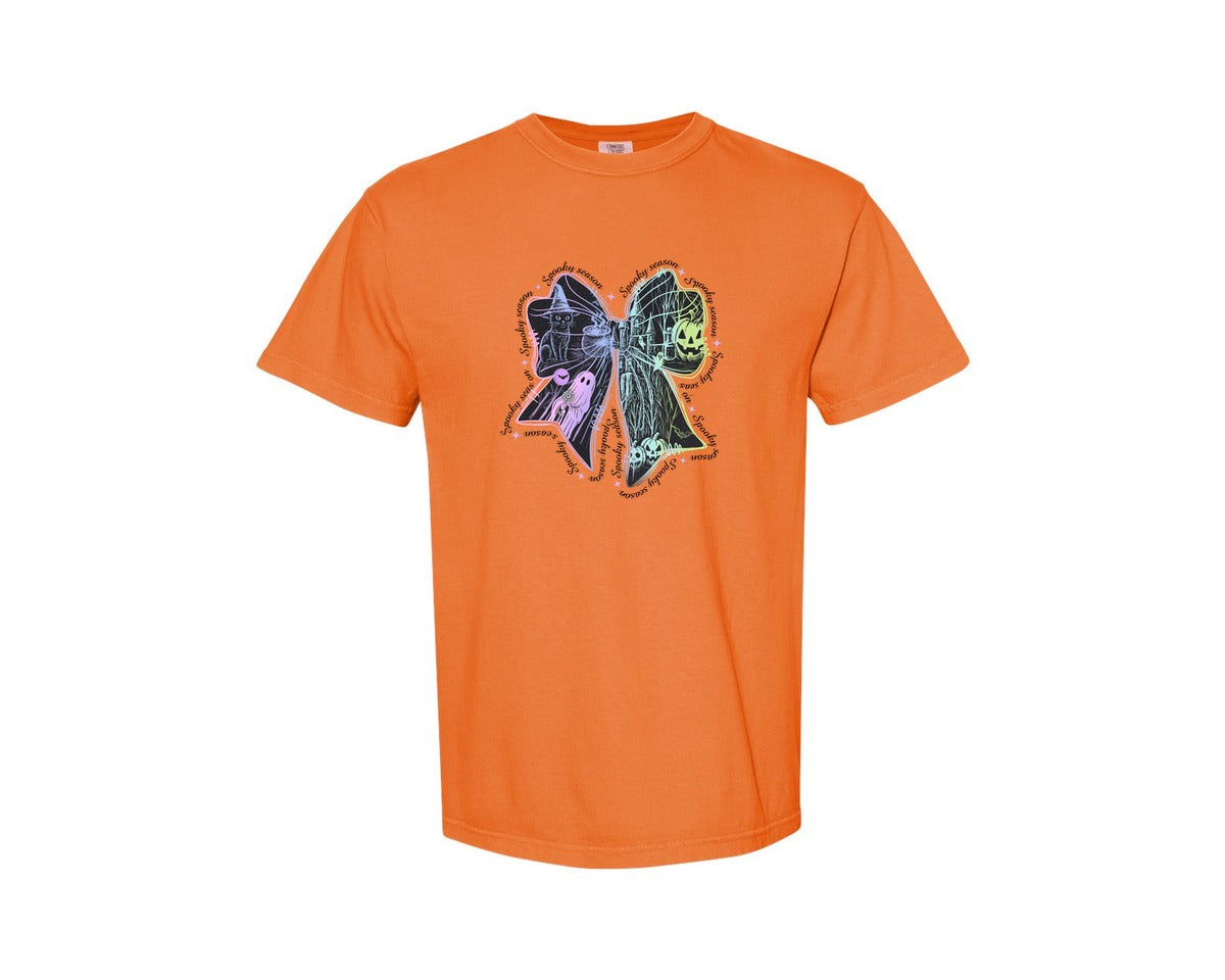 brand:Comfort Colors|color:Burnt Orange|Neon Spooky Season Coquette Bow Graphic T-Shirt