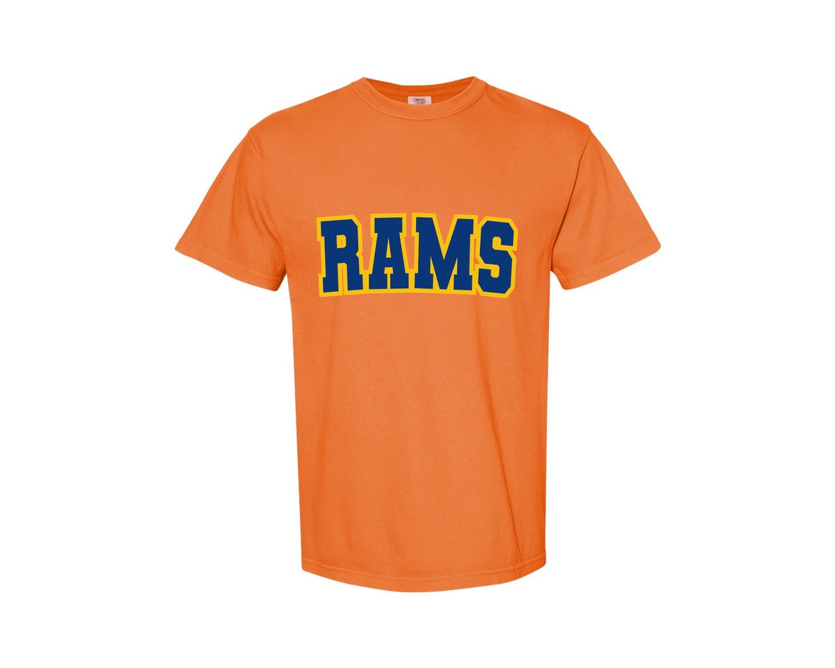 brand:Comfort Colors|color:Burnt Orange|Rams Varsity Curved Sports Graphic T-Shirt