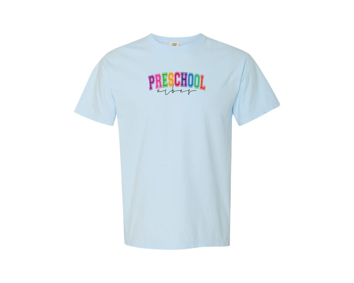 brand:Comfort Colors|color:Chambray|Preschool Vibes Retro Teacher 2 Graphic T-Shirt