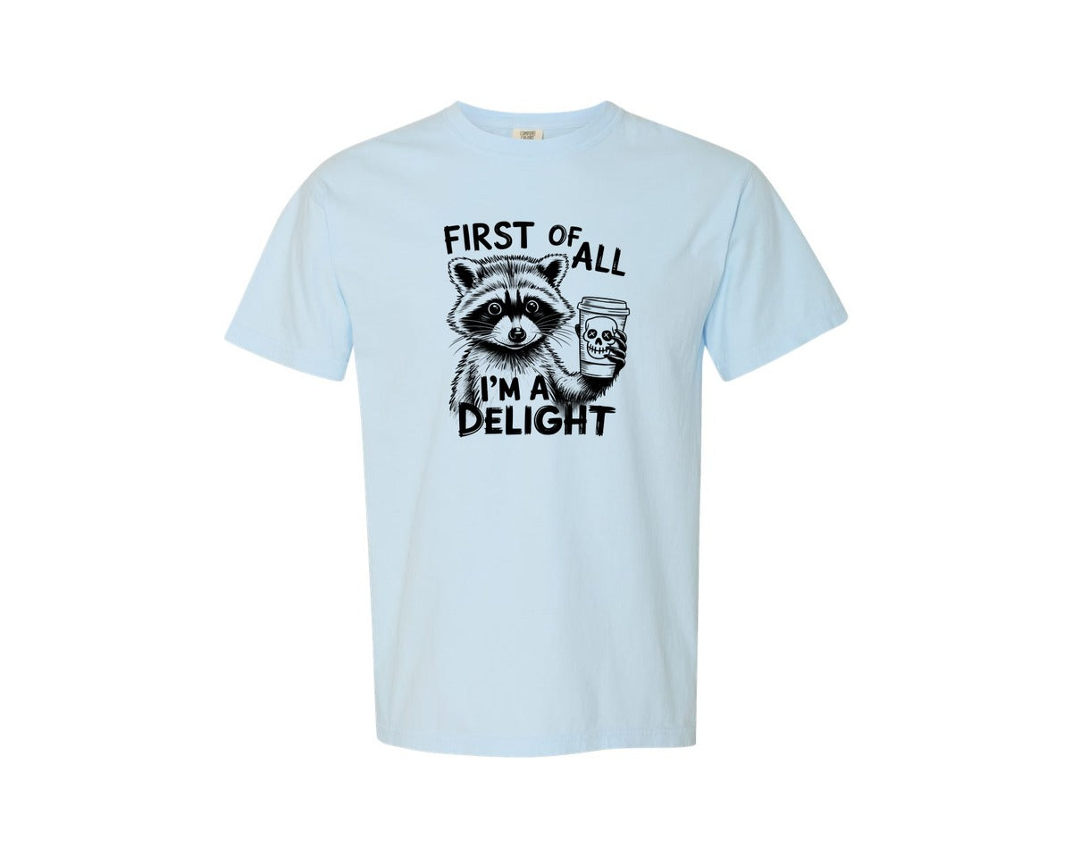 brand:Comfort Colors|color:Chambray|First Of All Im A Delight Raccoon 4 Graphic T-Shirt