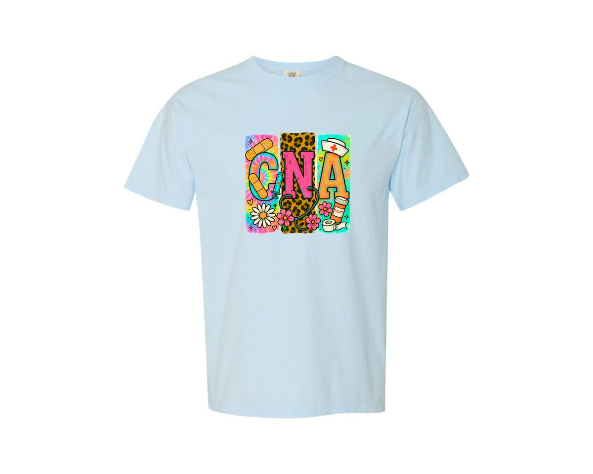 brand:Comfort Colors|color:Chambray|Cna Tie Dye Leopard Print Nurse Graphic T-Shirt