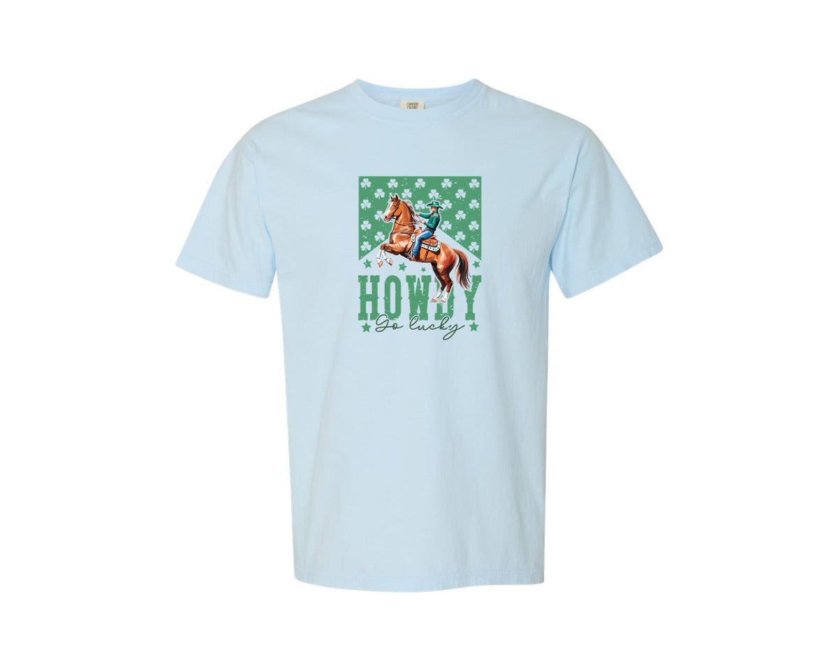brand:Comfort Colors|color:Chambray|Howdy Go Lucky St Patricks Day Graphic T-Shirt