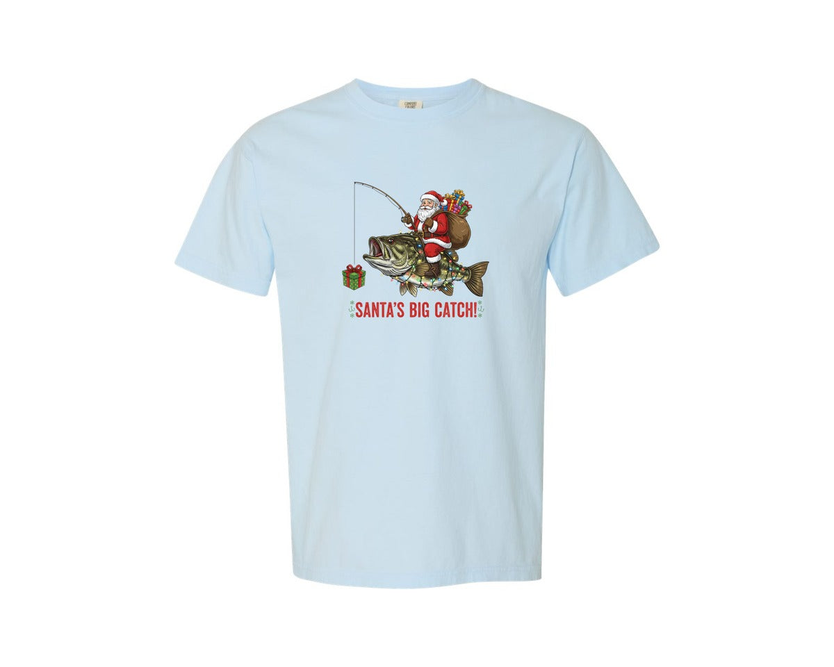 brand:Comfort Colors|color:Chambray|Santa Fishing Bass Funny Christmas Graphic T-Shirt