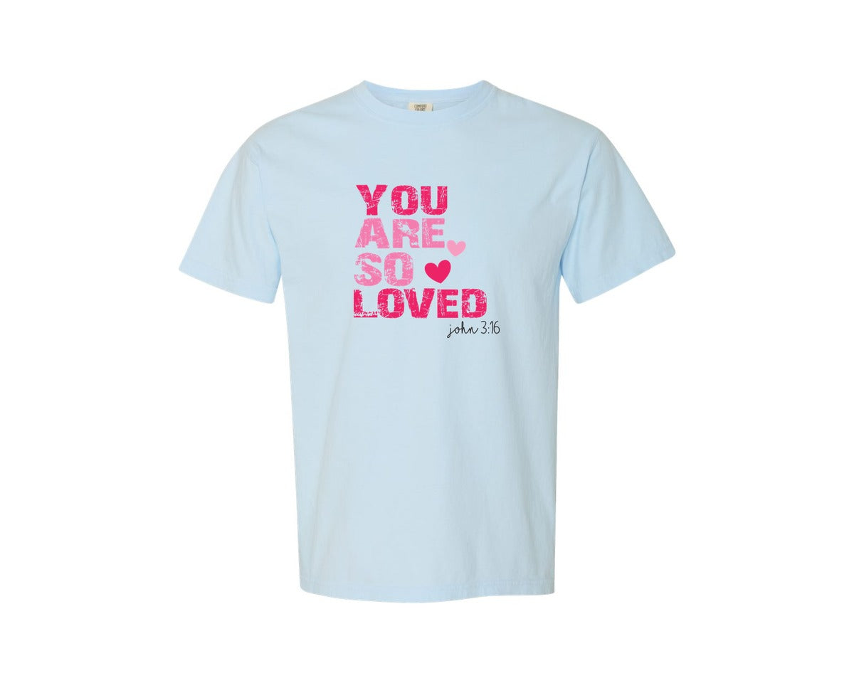 brand:Comfort Colors|color:Chambray|Bible Quote You Are So Loved Valentine Graphic T-Shirt