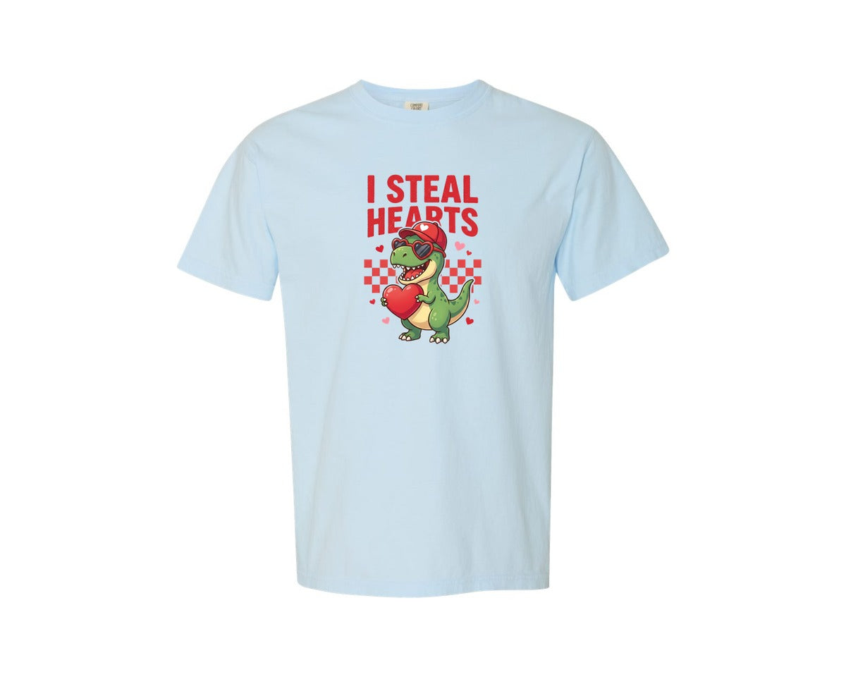 brand:Comfort Colors|color:Chambray|I Steal Hearts Valentine Dinosaur 3 Graphic T-Shirt