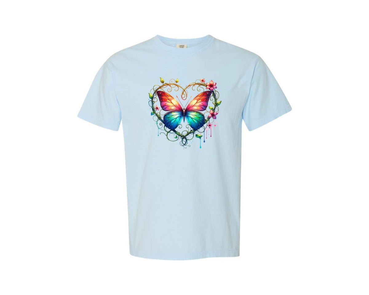 brand:Comfort Colors|color:Chambray|Colorful Butterfly Heart Flowers Graphic T-Shirt