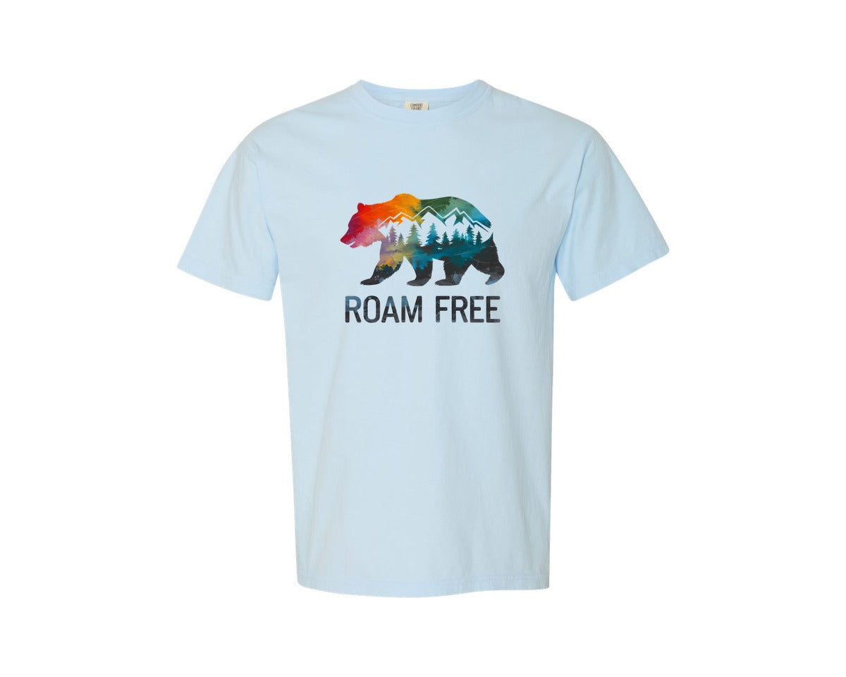 brand:Comfort Colors|color:Chambray|Roam Free Bear Forest Hiking Graphic T-Shirt