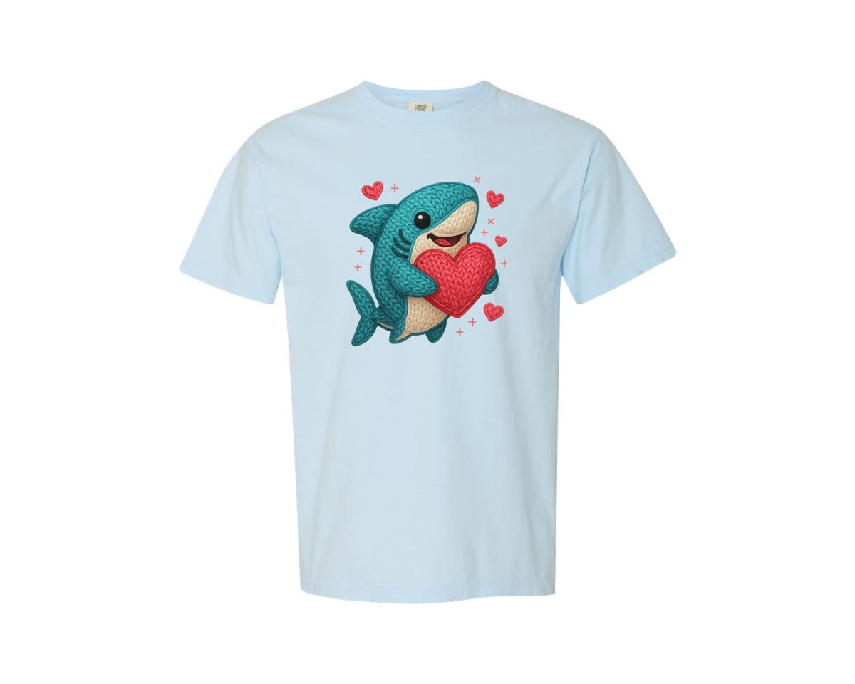 brand:Comfort Colors|color:Chambray|Crochet Shark Cute Valentine Graphic T-Shirt