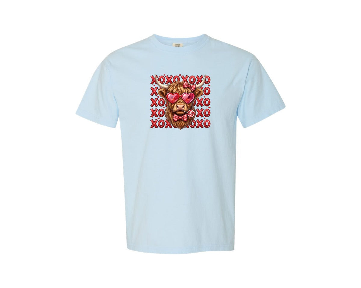 brand:Comfort Colors|color:Chambray|Valentines Day Xoxo Highland Cow Graphic T-Shirt