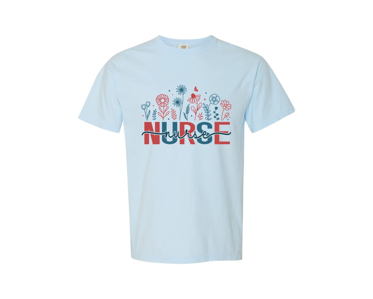 brand:Comfort Colors|color:Chambray|4Th Of July Nurse Floral Usa Flower Graphic T-Shirt