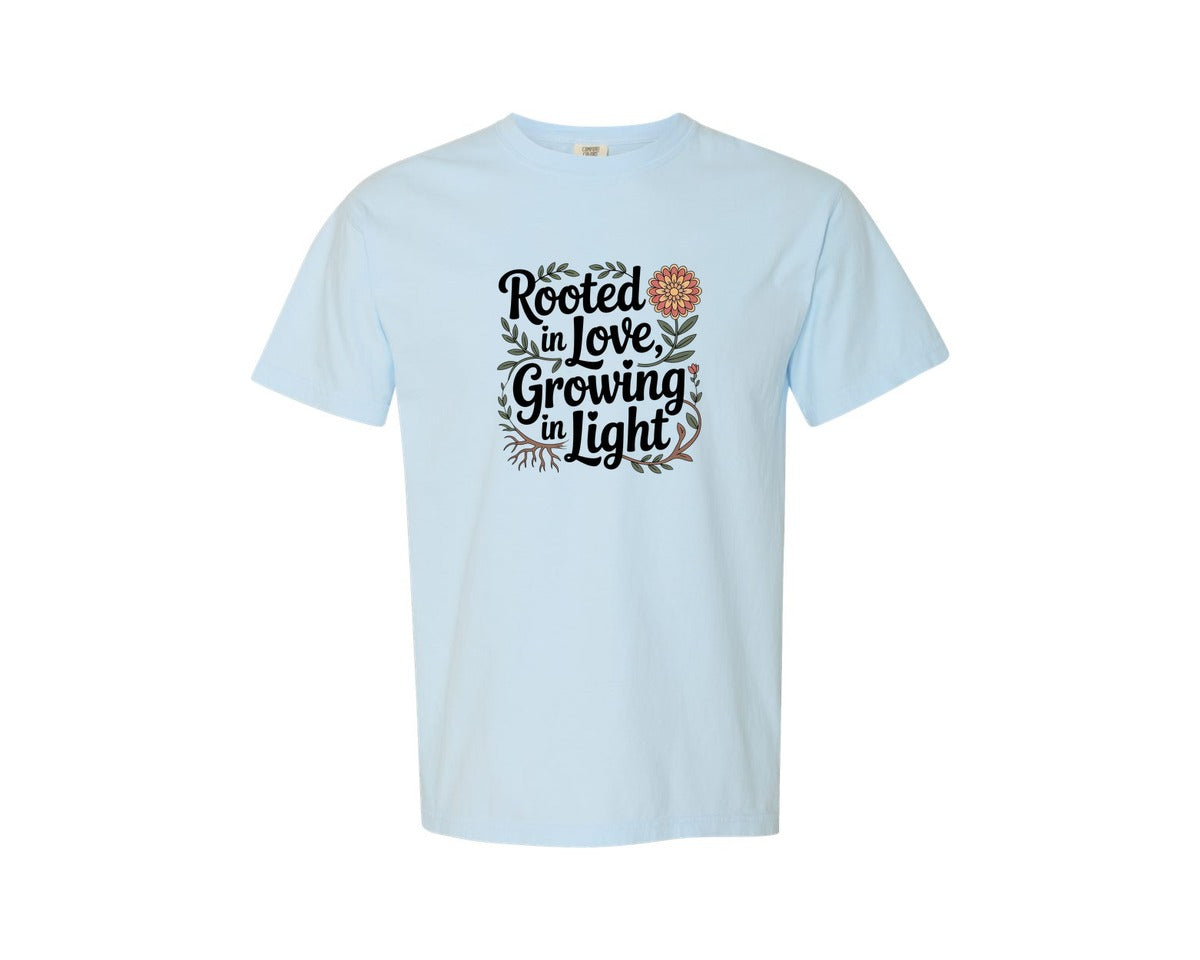 brand:Comfort Colors|color:Chambray|Rooted In Love Growing In Light Positive Graphic T-Shirt