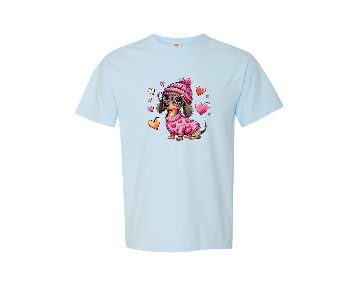brand:Comfort Colors|color:Chambray|Valentine Dachshund Dog Sausage Dog 3 Graphic T-Shirt