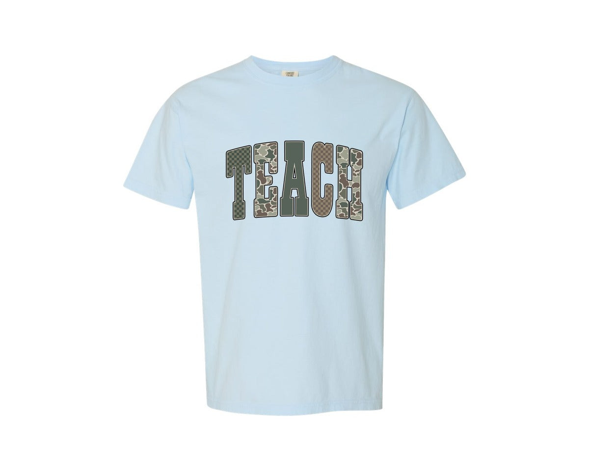 brand:Comfort Colors|color:Chambray|Preppy Retro Camo Teacher Graphic T-Shirt