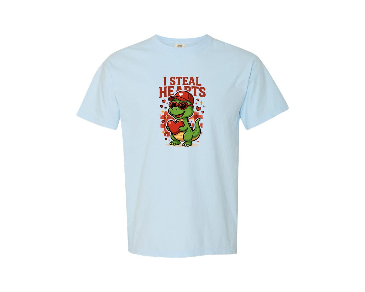 brand:Comfort Colors|color:Chambray|Retro Valentine Dinosaur Holding Heart 3 Graphic T-Shirt