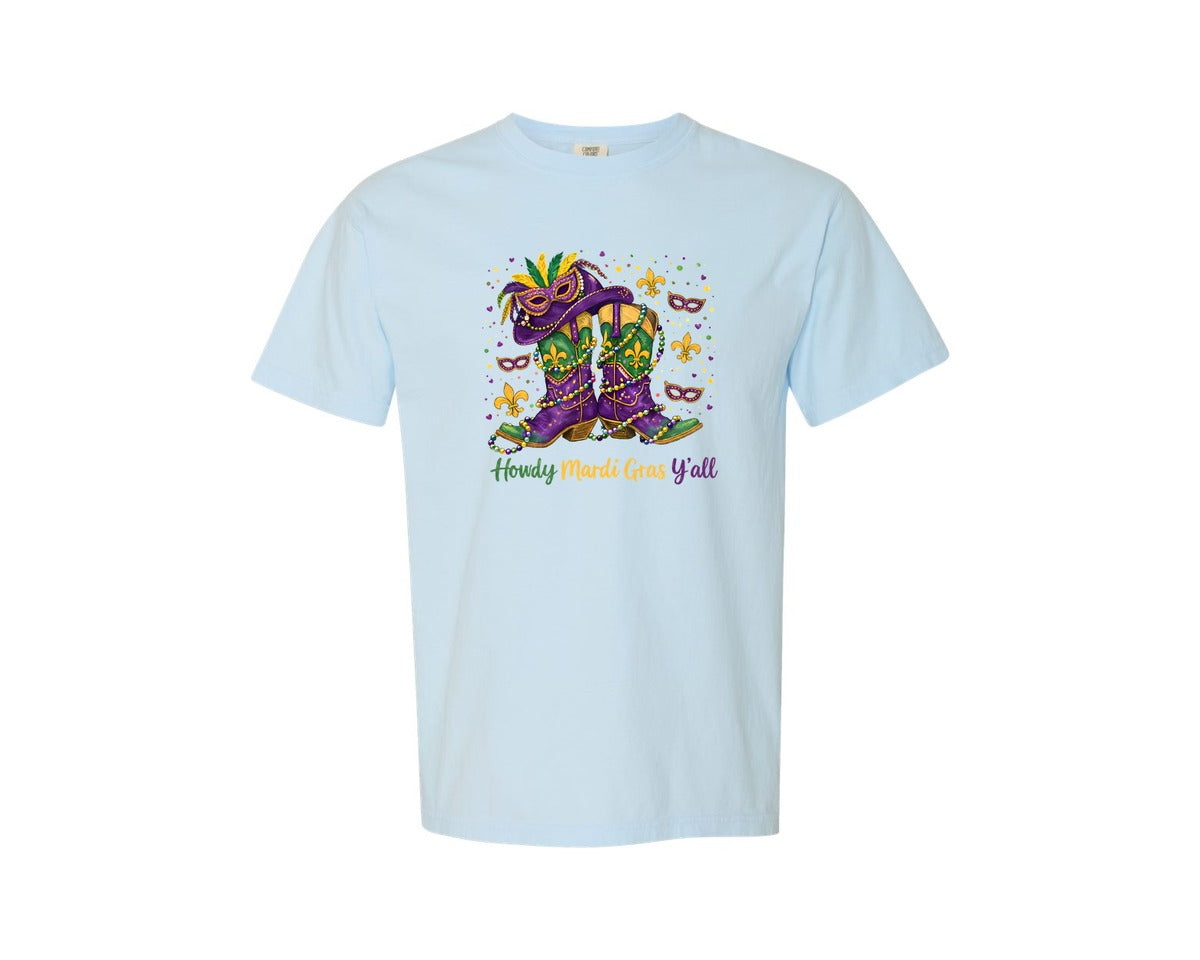 brand:Comfort Colors|color:Chambray|Howdy Mardi Gras Yall Cowboy Boots Graphic T-Shirt