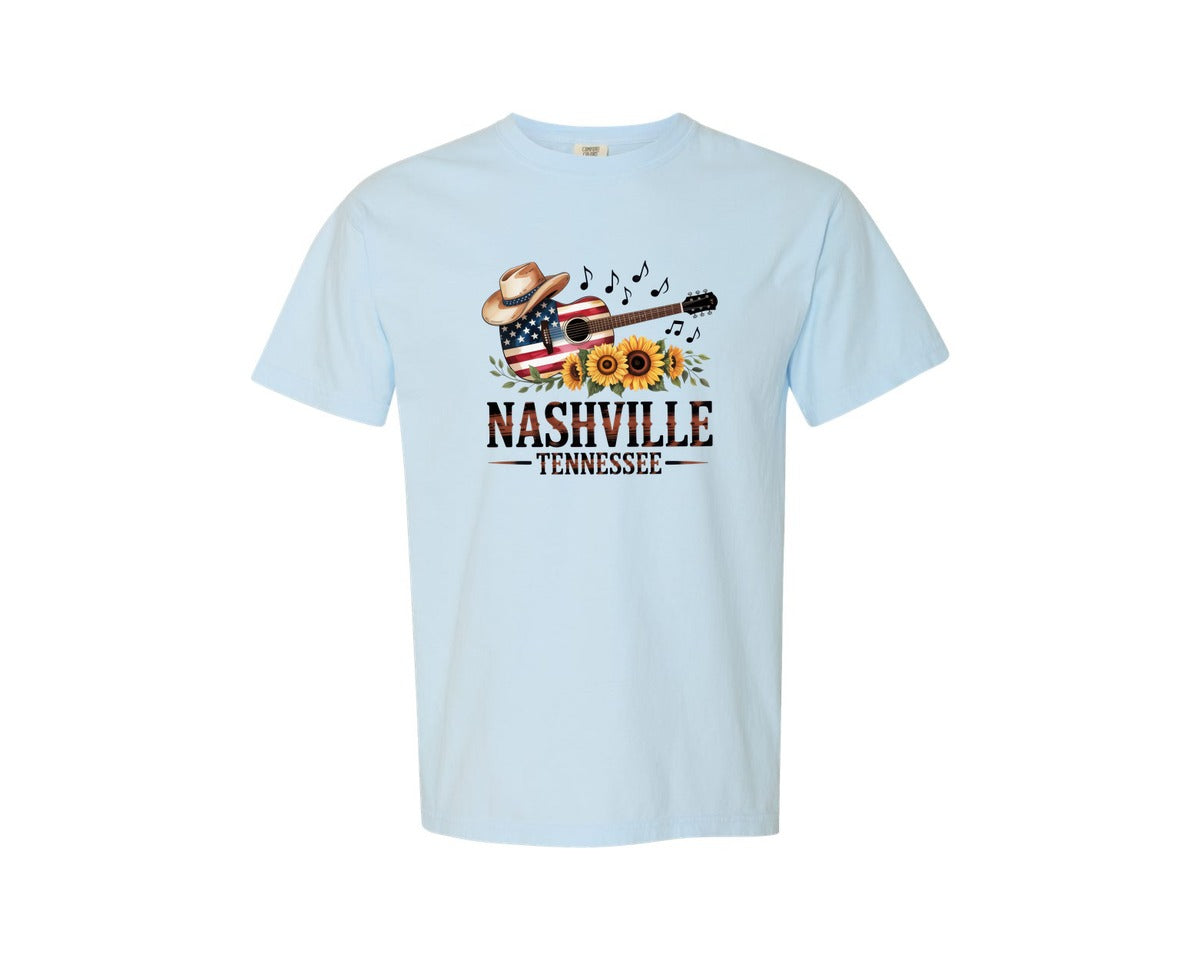 brand:Comfort Colors|color:Chambray|Nashville Tennessee Music Guitar Graphic T-Shirt