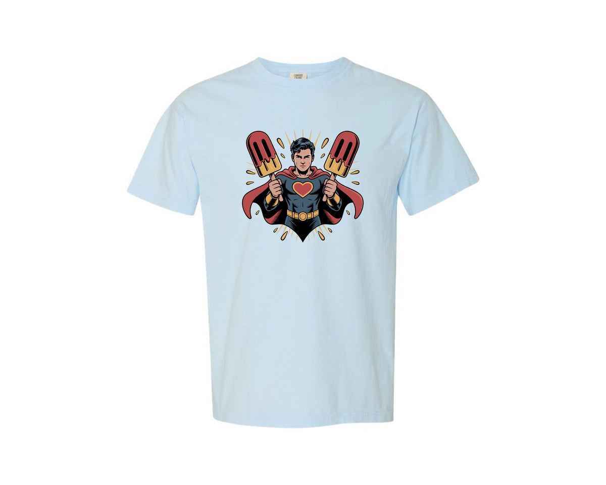 brand:Comfort Colors|color:Chambray|Superhero Holding Popsicles Comic Style Graphic T-Shirt