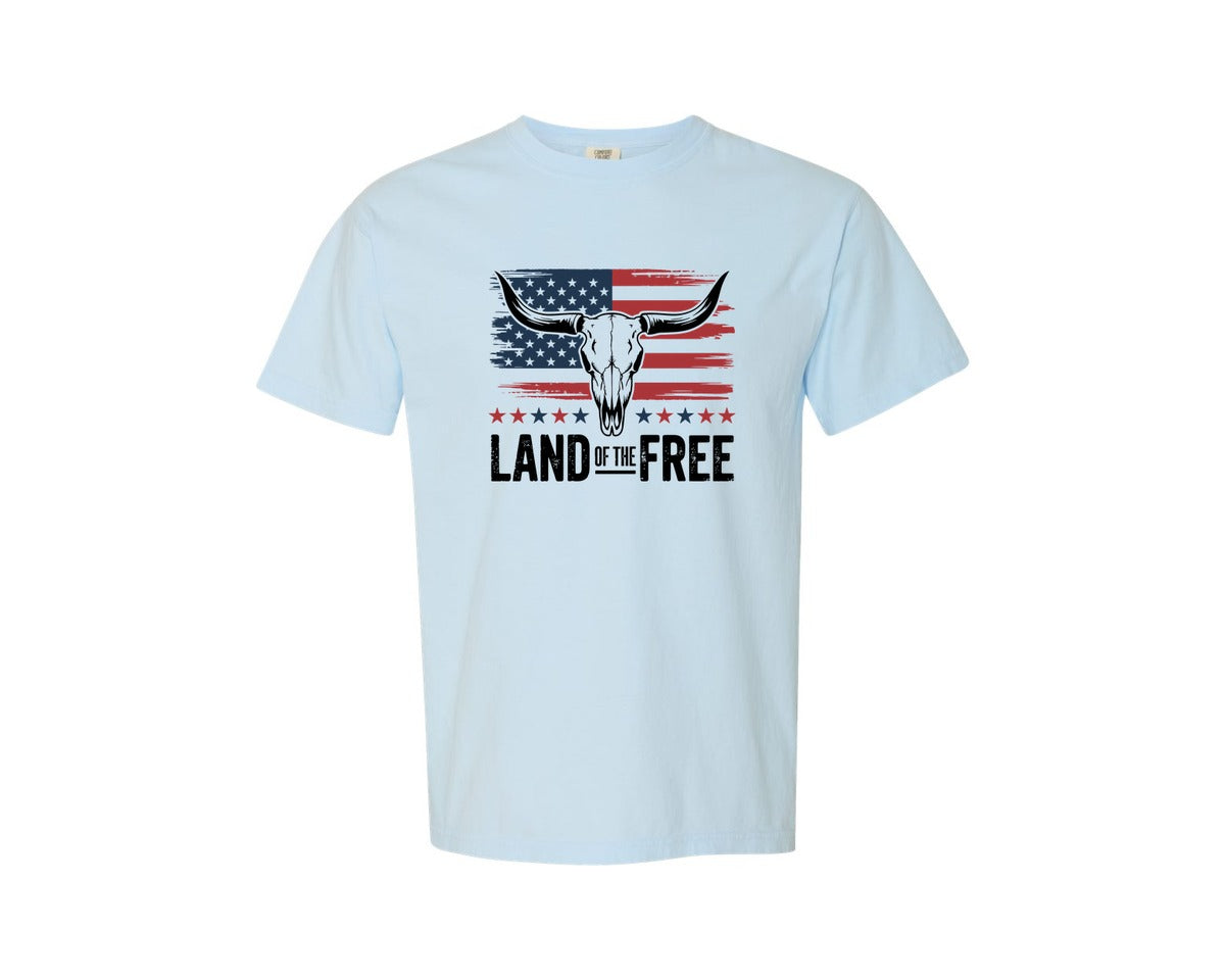brand:Comfort Colors|color:Chambray|Patriotic Bull On Flag 4Th Of July Graphic T-Shirt