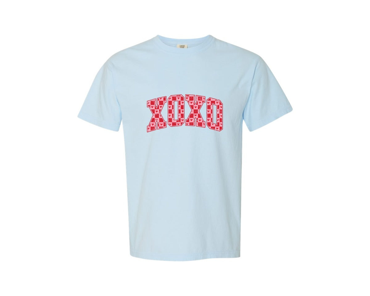 brand:Comfort Colors|color:Chambray|Xoxo Checkered Hearts Varsity Graphic T-Shirt