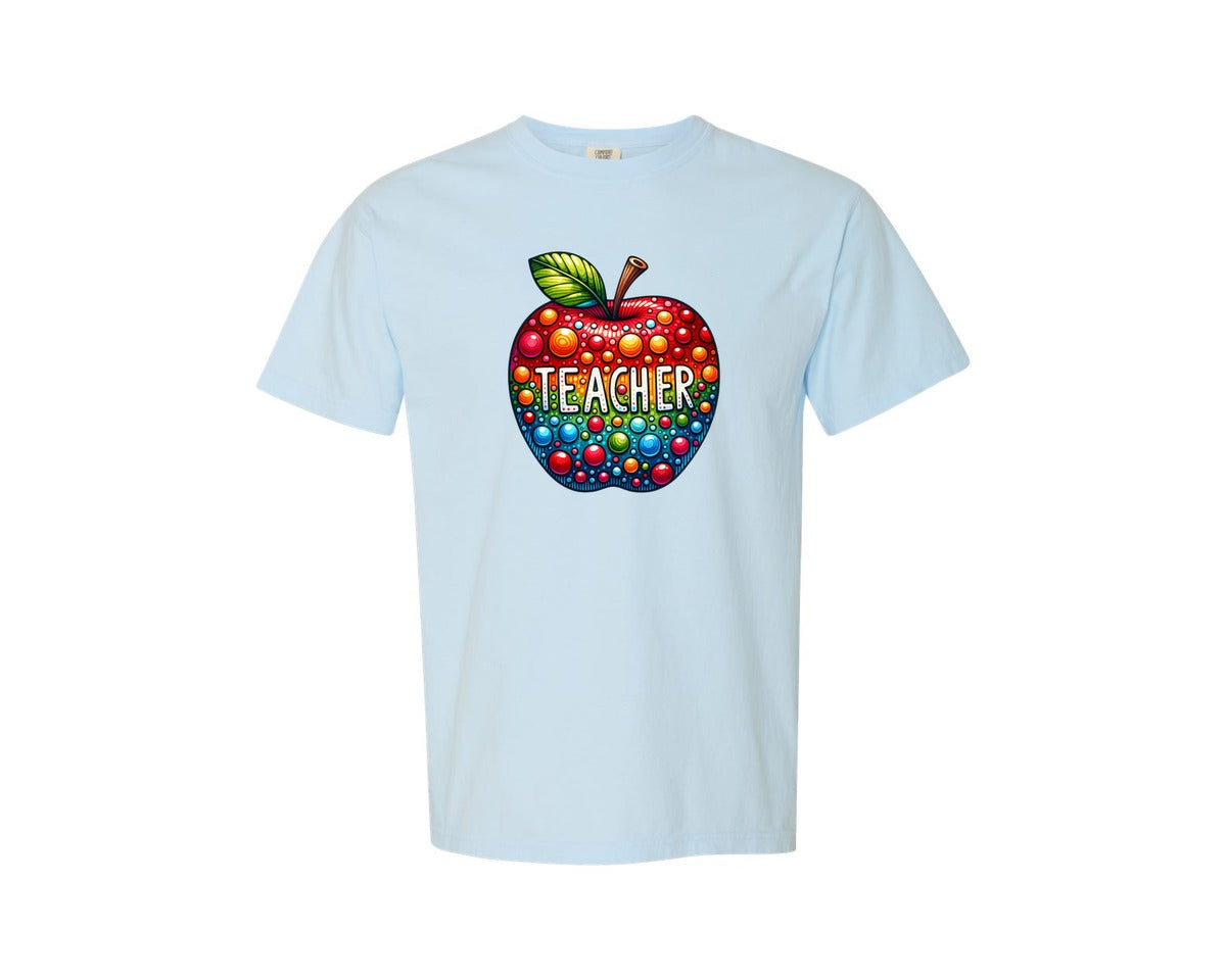 brand:Comfort Colors|color:Chambray|School Teacher Colorful Apple Graphic T-Shirt