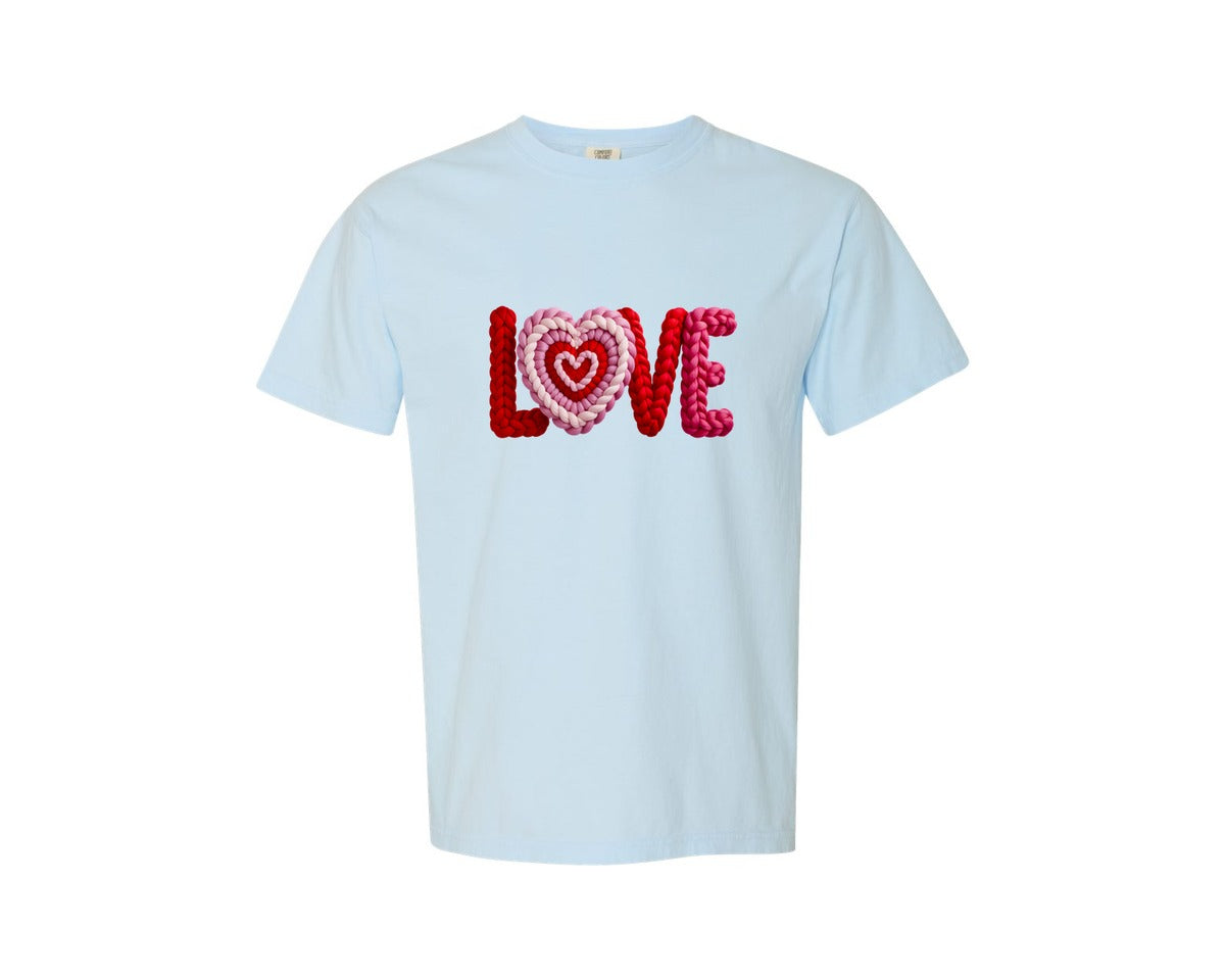 brand:Comfort Colors|color:Chambray|Faux Yarn Crochet Love Valentine Day 5 Graphic T-Shirt