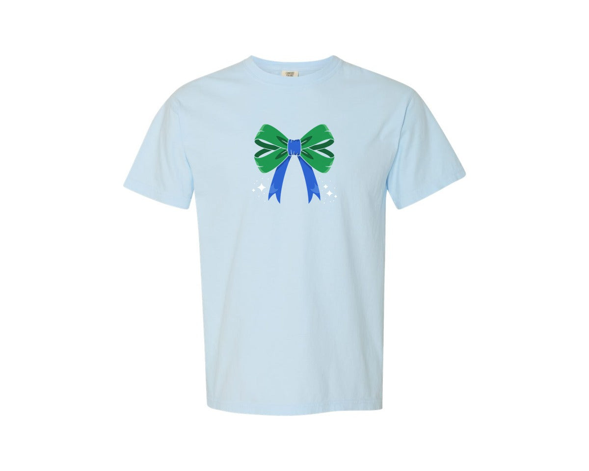 brand:Comfort Colors|color:Chambray|Green And Blue Bow Cute Ribbon Graphic T-Shirt