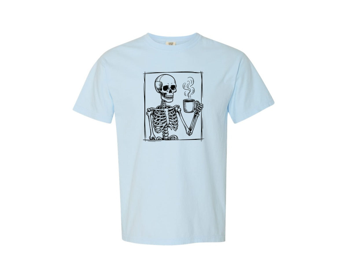 brand:Comfort Colors|color:Chambray|Coffee Skeleton Halloween Graphic T-Shirt