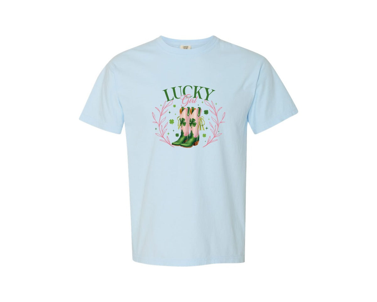 brand:Comfort Colors|color:Chambray|Lucky Girl Cowboy Boots Graphic T-Shirt