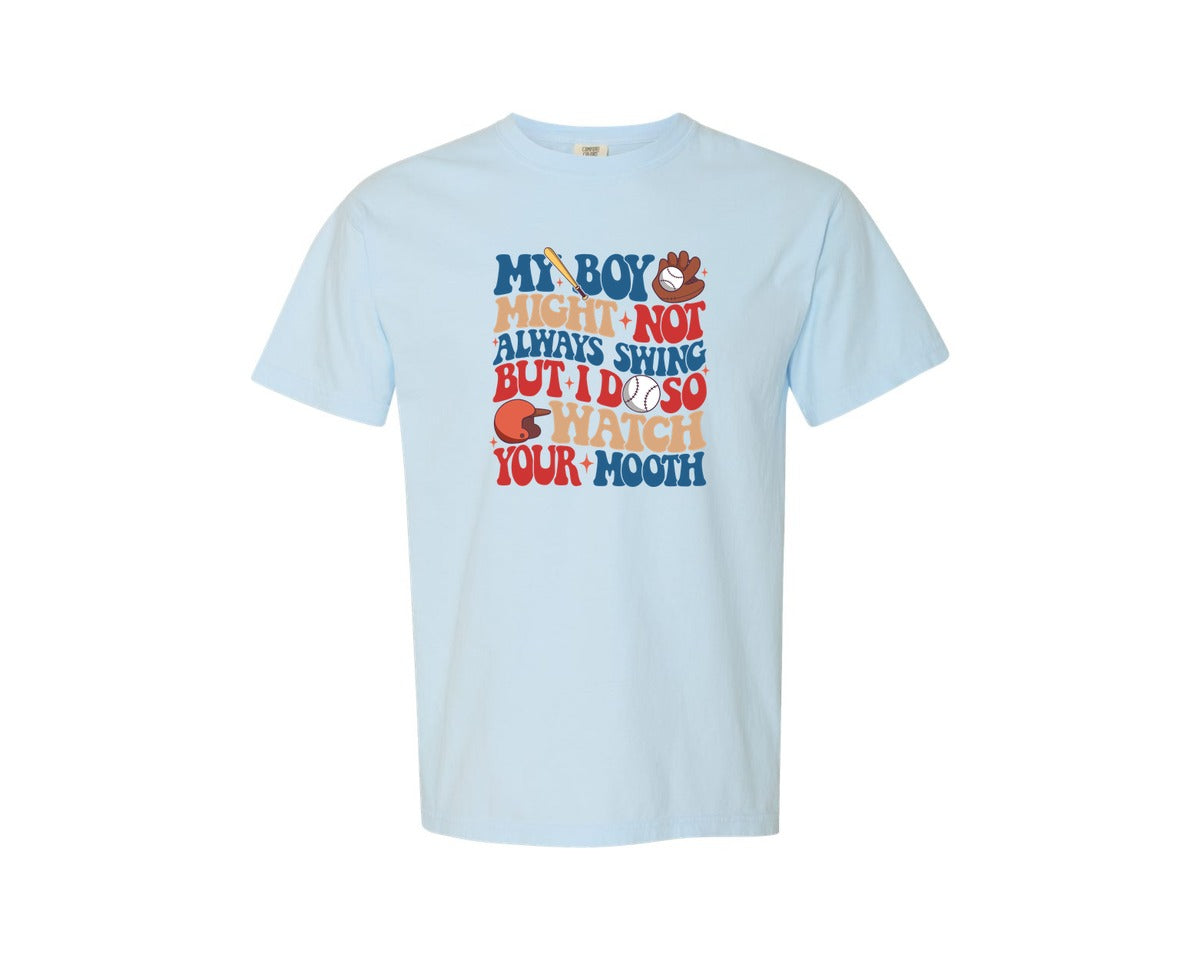 brand:Comfort Colors|color:Chambray|Baseball Mom Watch Your Mouth Graphic T-Shirt