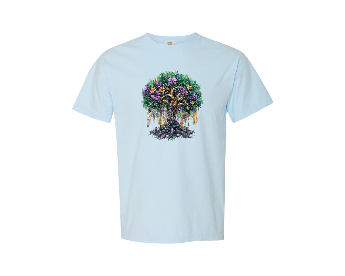 brand:Comfort Colors|color:Chambray|Coquette Bow Mardi Gras Tree Graphic T-Shirt