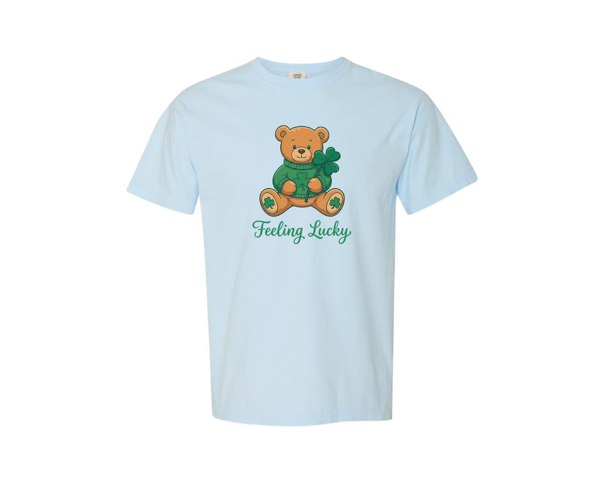 brand:Comfort Colors|color:Chambray|Feeling Lucky Teddy Bear Graphic T-Shirt