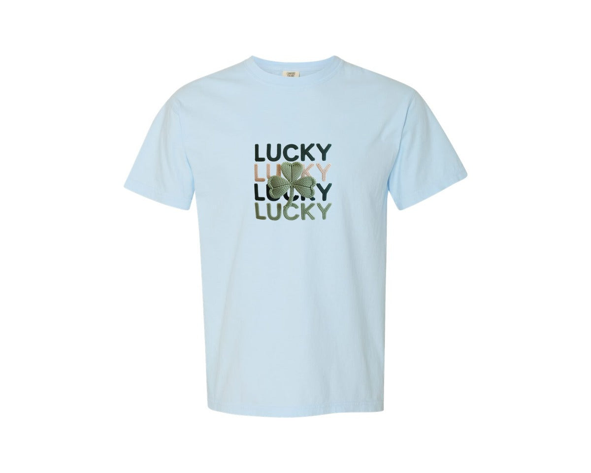 brand:Comfort Colors|color:Chambray|St Patrick S Day Faux Yarn Shamrock Graphic T-Shirt