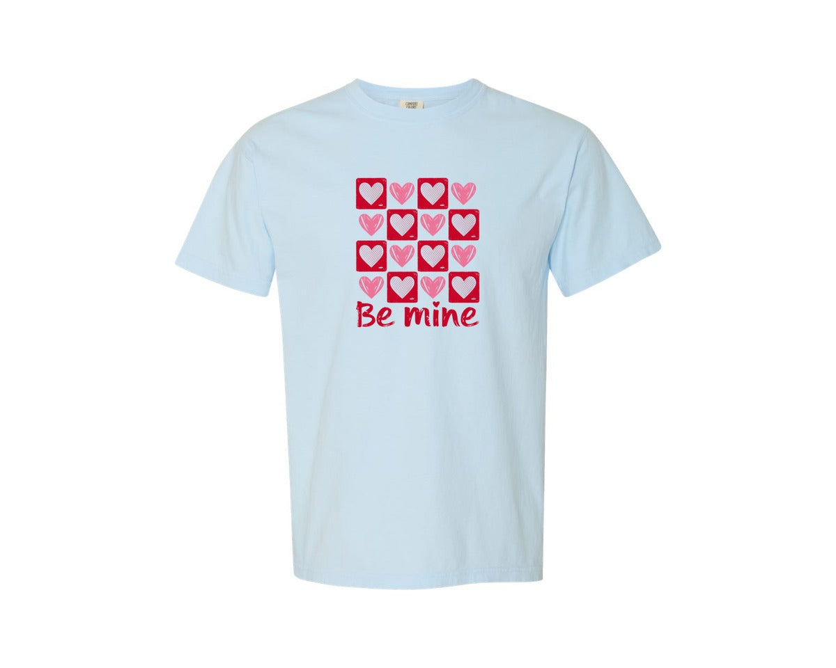 brand:Comfort Colors|color:Chambray|Be Mine Heart Retro Grid Graphic T-Shirt