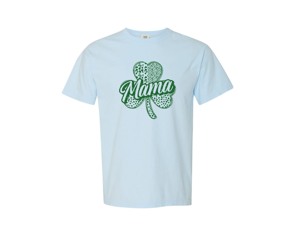 brand:Comfort Colors|color:Chambray|St Patrick Day Mama Clover Graphic T-Shirt