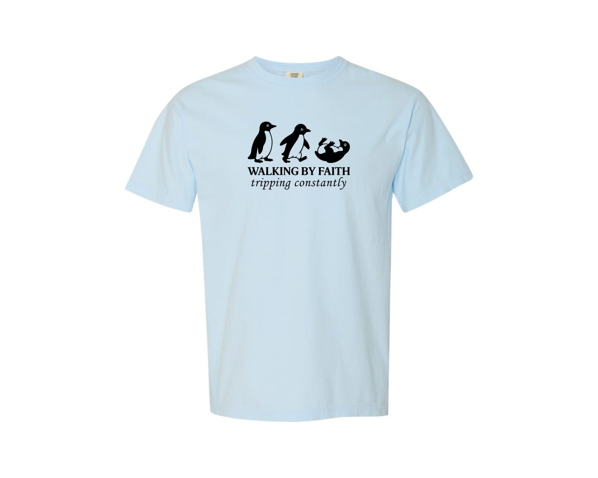 brand:Comfort Colors|color:Chambray|Christian Walking By Faith Tripping Tee Graphic T-Shirt