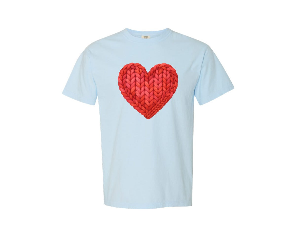 brand:Comfort Colors|color:Chambray|Chunky Faux Crochet Braided Heart Graphic T-Shirt