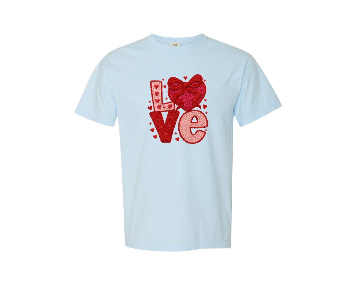 brand:Comfort Colors|color:Chambray|Faux Crochet Coquette Valentines Day Graphic T-Shirt